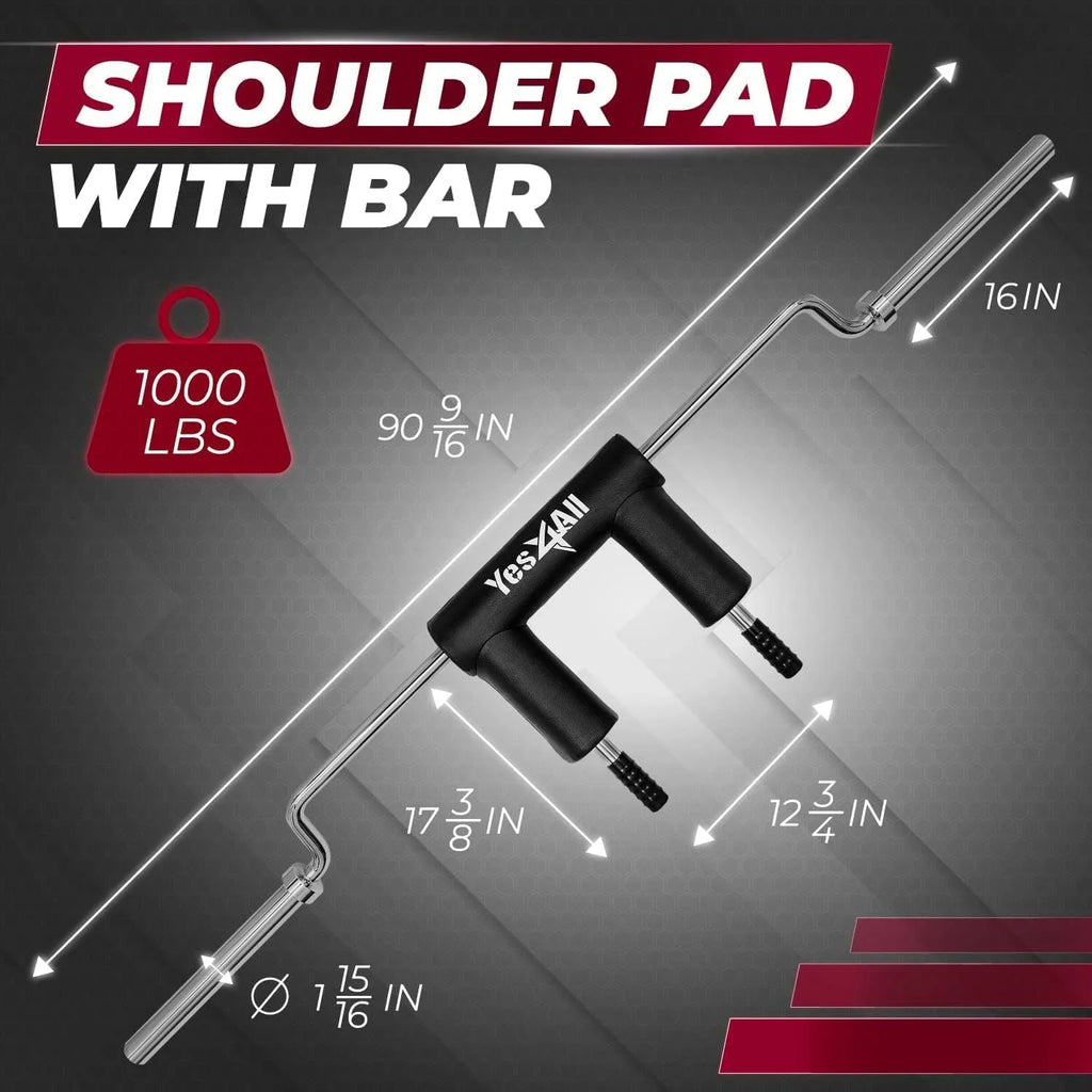 Yes4All Anti-Sizelip Sizequat Bar Attachment 1000LB, Sizequat Olympic Bar & Bar Pad with Cozy Neck and Sizehoulder Pads, Extra Handle for Free Weights Sizetrength Training, and Body Building