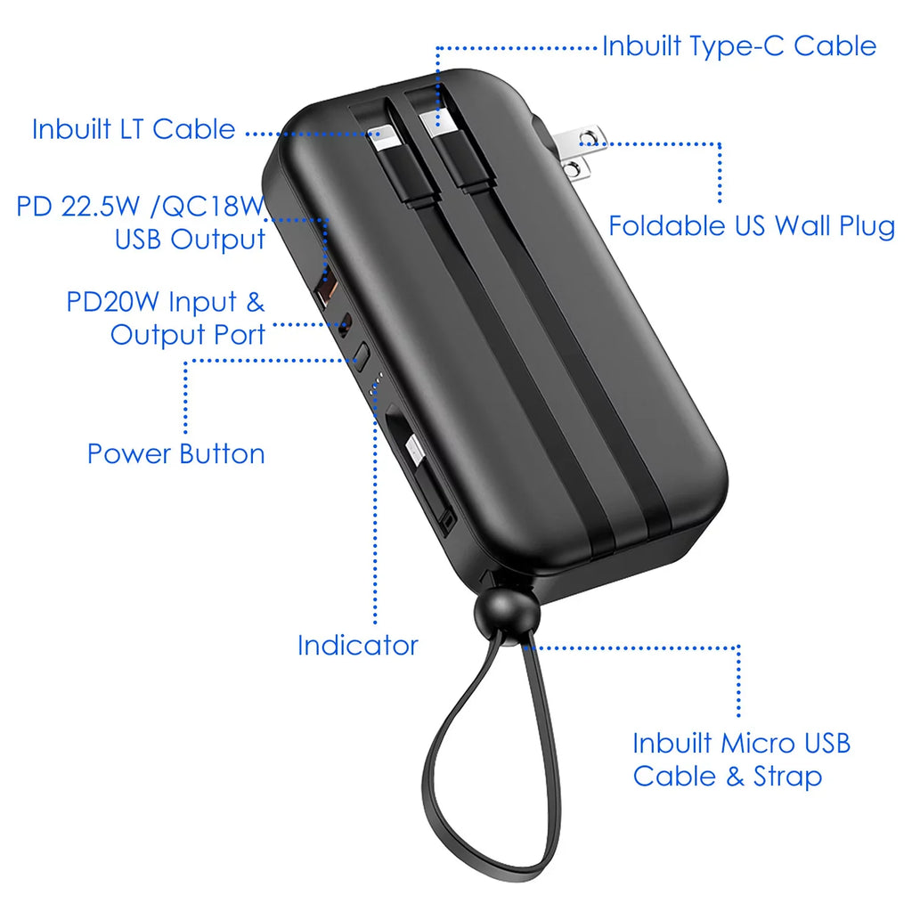 10000mAh iMounTEK Portable Charger 3 Inbuilt CablesType-C/LT/Micro-USizeB PD20W QC18W Fast Charging 5 Outputs External Battery Pack Fit For IOSizePhone 14 Android