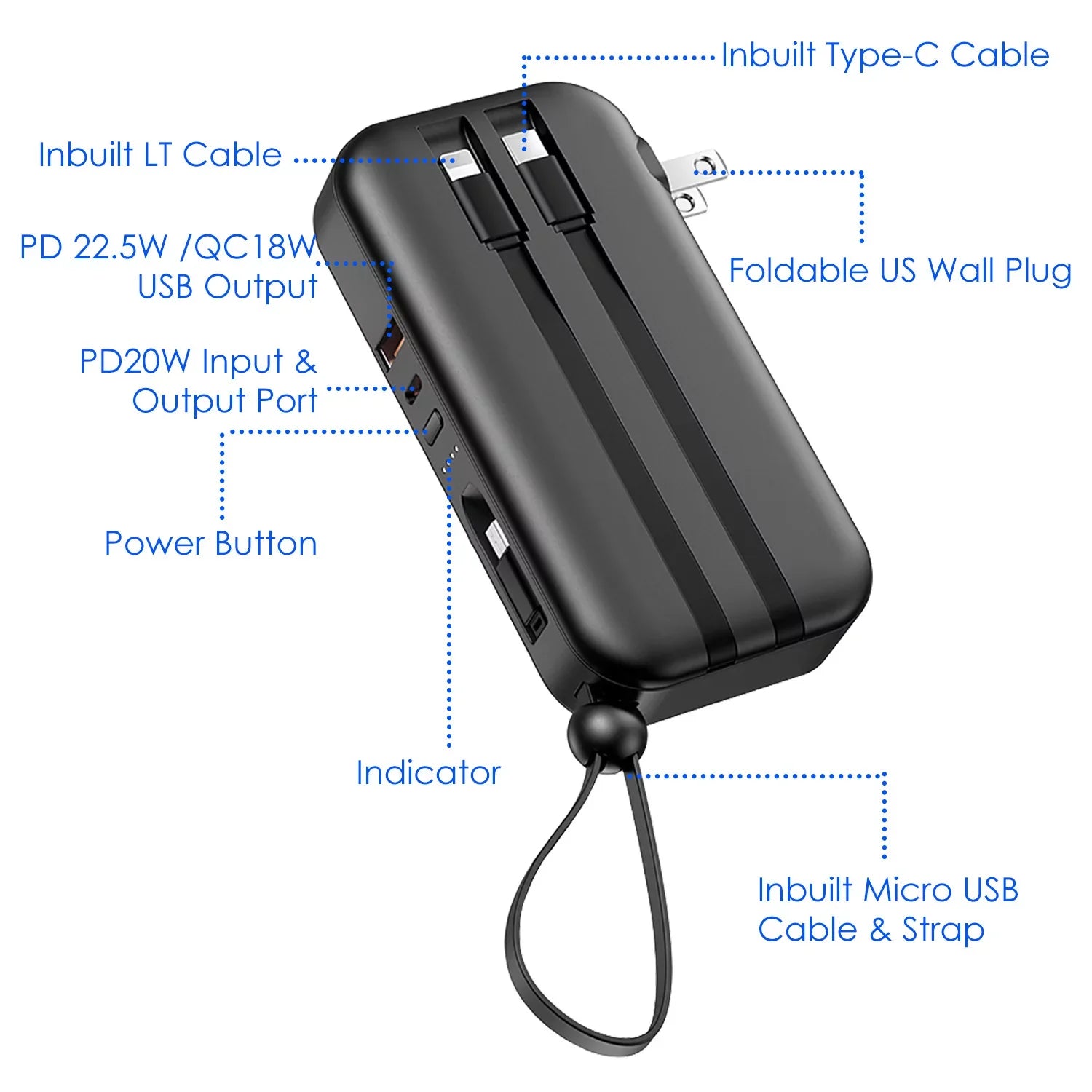 10000mAh iMounTEK Portable Charger 3 Inbuilt CablesType-C/LT/Micro-USizeB PD20W QC18W Fast Charging 5 Outputs External Battery Pack Fit For IOSizePhone 14 Android