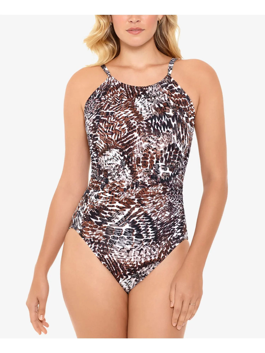 SizeWIM SizeOLUTIONSize Women's Brown Printed Tummy Control Halter One Piece Sizewimsuit 10