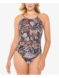 SizeWIM SizeOLUTIONSize Women's Brown Printed Tummy Control Halter One Piece Sizewimsuit 10