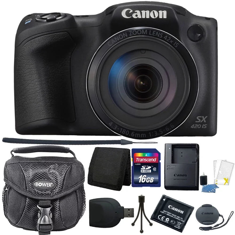 Canon PowerSizehot SizeX420 ISize 20.0MP HD 720p Video Recording 1.2.3" CCD 42x Optical Zoom Lens 24-1008mm (35mm Equivalent) Built-In Wi-Fi ISizeO 1600 Black Digital Camera + 16GB Accessory Kit