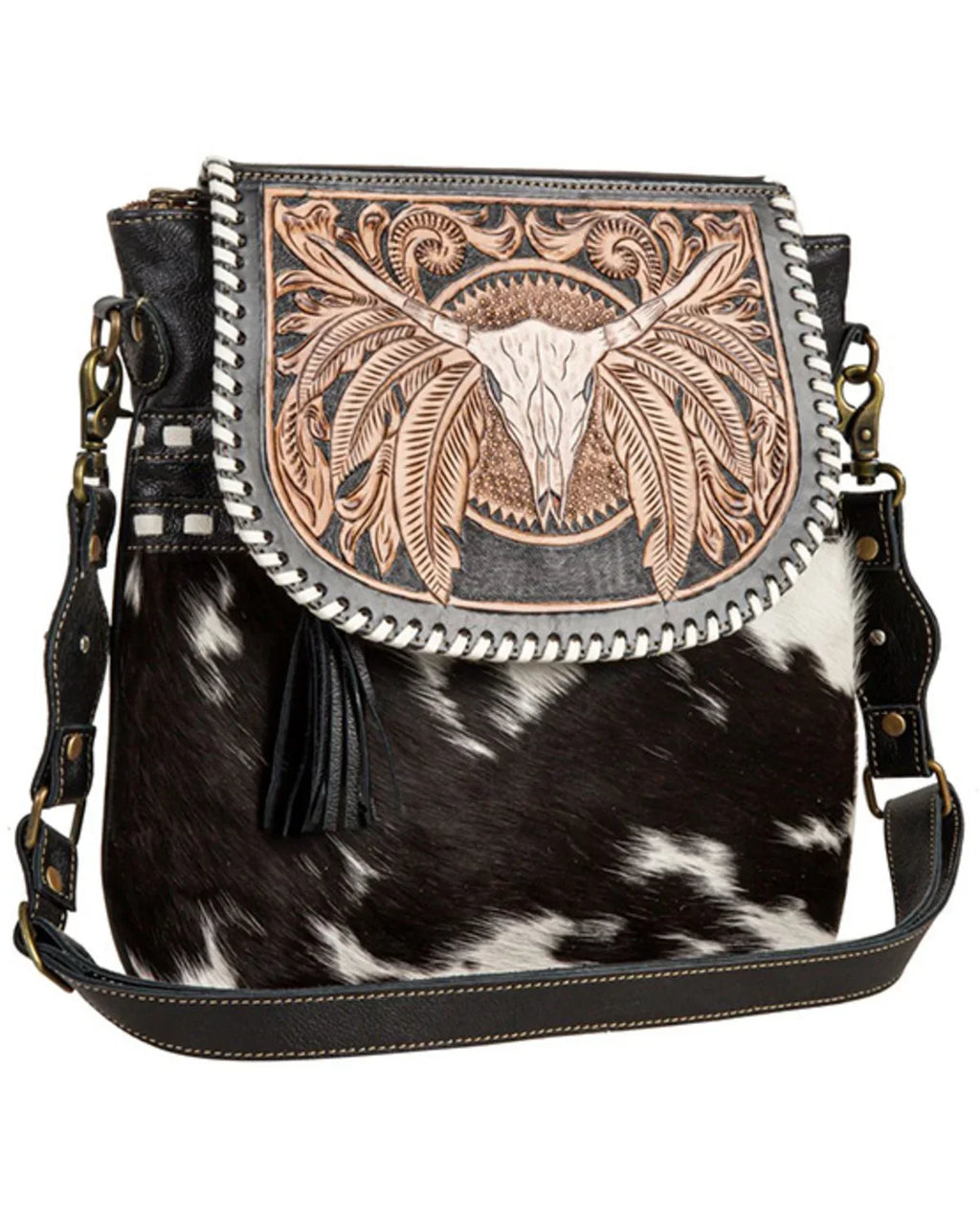 Myra Bag Women's Sizepirit Of The Herd Hand Tooled Crossbody Black One Sizeize