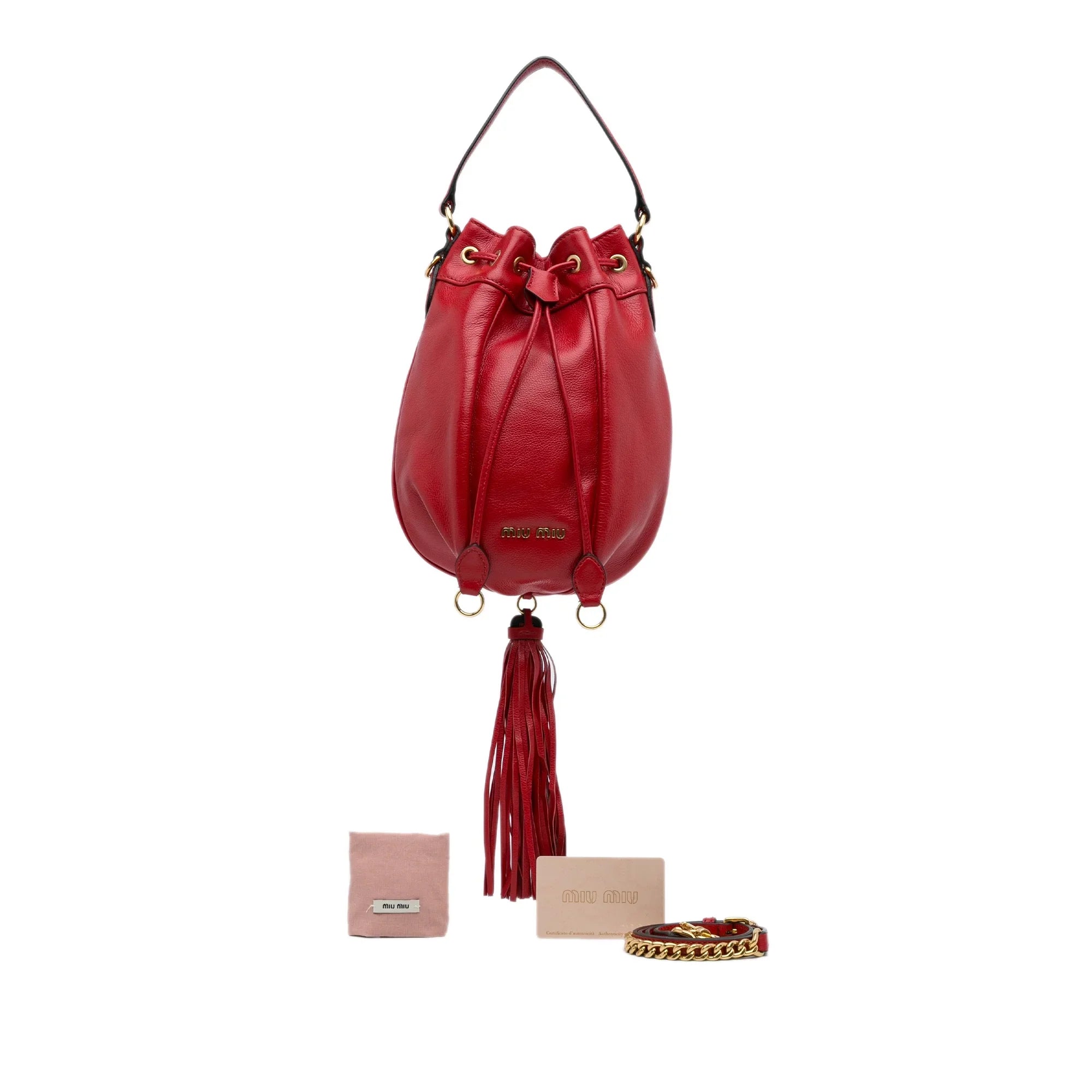 Pre-Owned Authenticated Miu Miu Tassel Accent Bucket Bag Calf Leather Red DrawstringBag Unisex (Good)