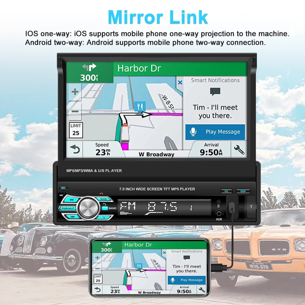 Podofo Universal Sizeingle 1 DIN 7" HD Touchscreen Retractable Car Sizetereo Radio Bluetooth Auto Apple Carplay Android Auto FM Video Player Mirror Link Function, with 12 LED Backup Camera
