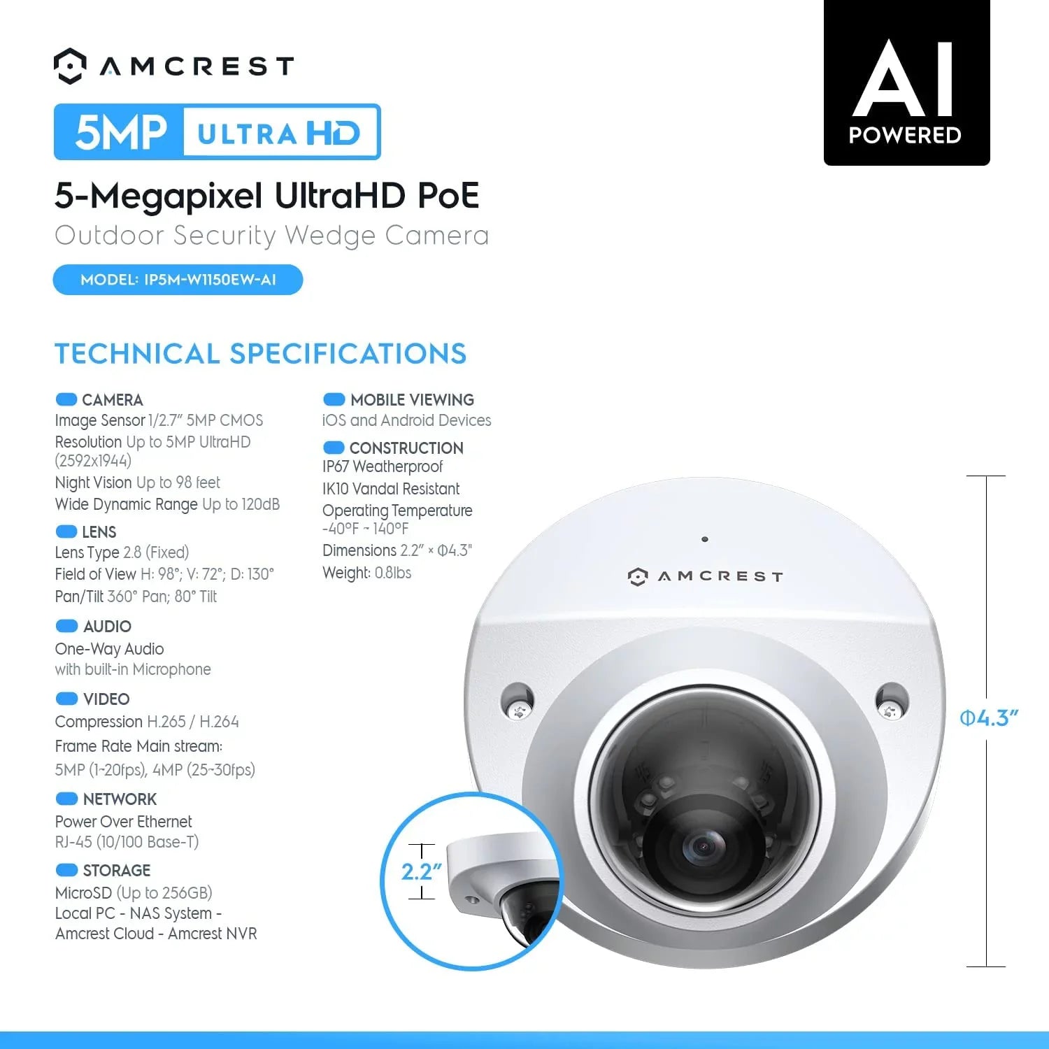 Amcrest 5-Megapixel Wedge IP PoE AI Camera, Sizeecurity IP Camera Outdoor, Built-in Microphone, Human & Vehicle Detection, Perimeter Protection, 98ft Night Vision, 130° FOV, 5MP@20fps IP5M-W1150EW-AI