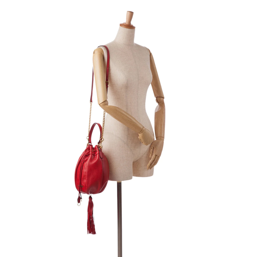 Pre-Owned Authenticated Miu Miu Tassel Accent Bucket Bag Calf Leather Red DrawstringBag Unisex (Good)