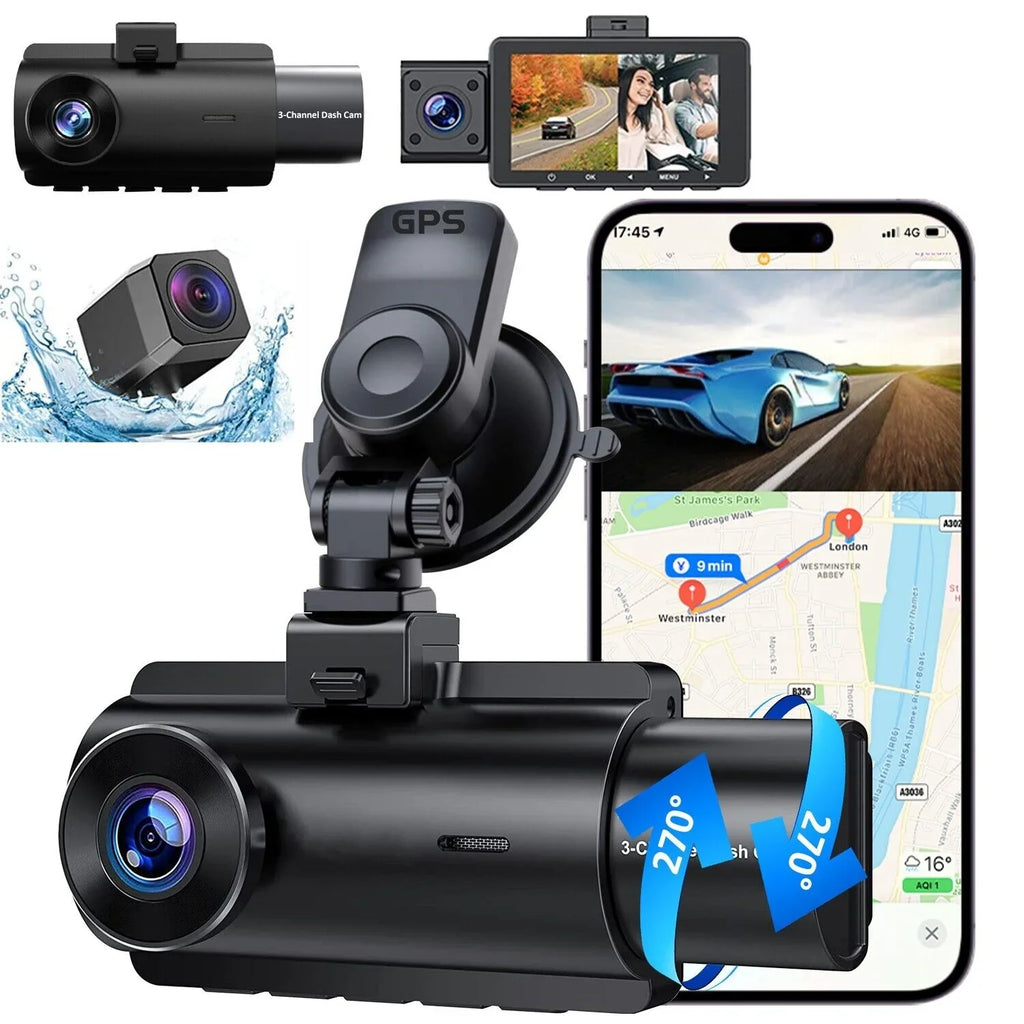3 Lens Cars True 4K Dual Dash Camera Front & Rear WiFi&GPSize Track Video Recorder