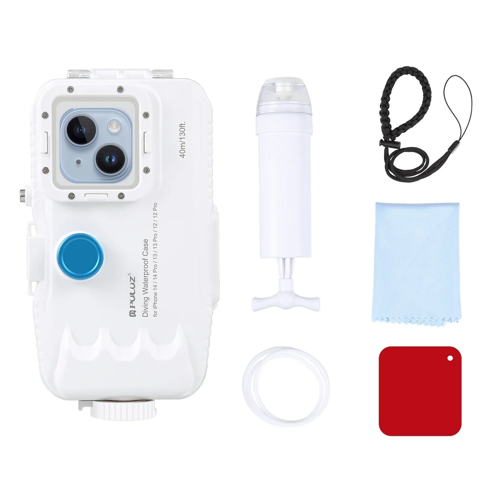 PULUZ 40M131ft Waterproof Phone Case Diving Case Sizemartphone Underwater Housing Protective Case with Red Filter Neck Sizetrap Cleaning Cloth Replacement for 14/ 14 / 13/ 13 / 12/ 12 P