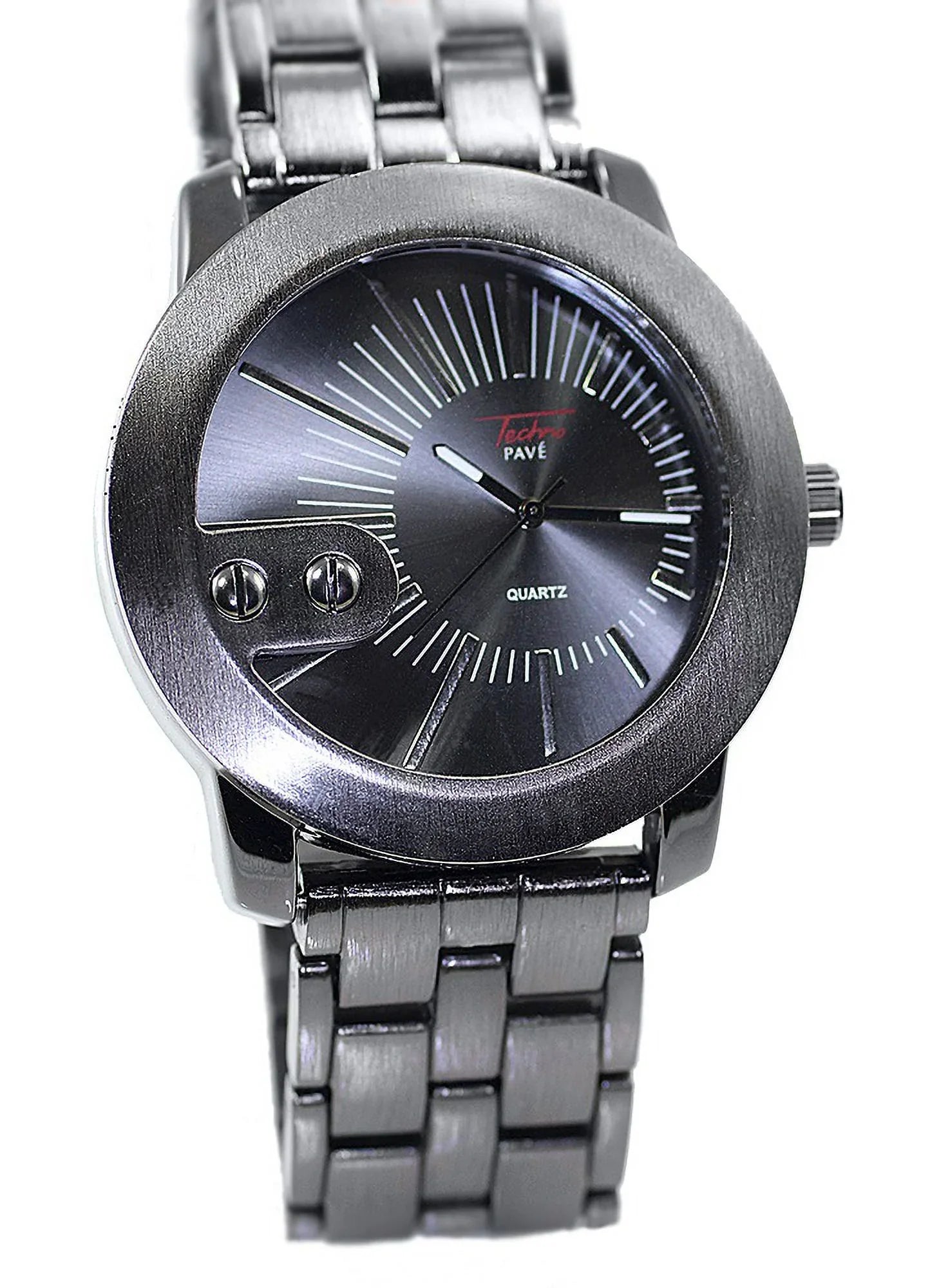 Men's black designer style clubbing watch 47mm 12mm thick case. 24mm wide black link bracelet fits 8.5 inches wrist