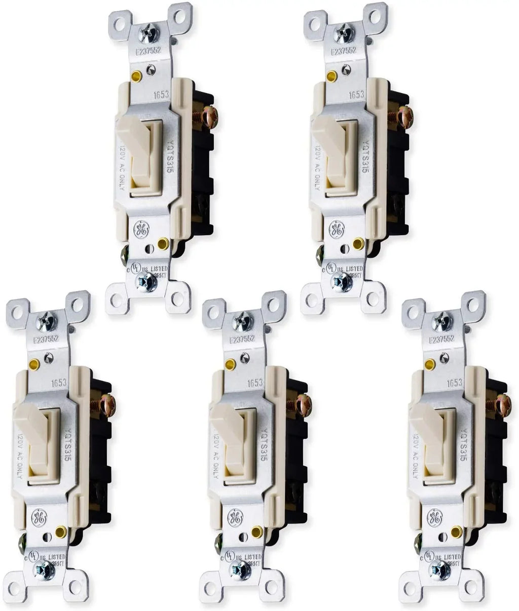 GE Sizewitch, Light Grounding Toggle 5 Pack, 3-Way, 15 Amp, Light Almond, 44032