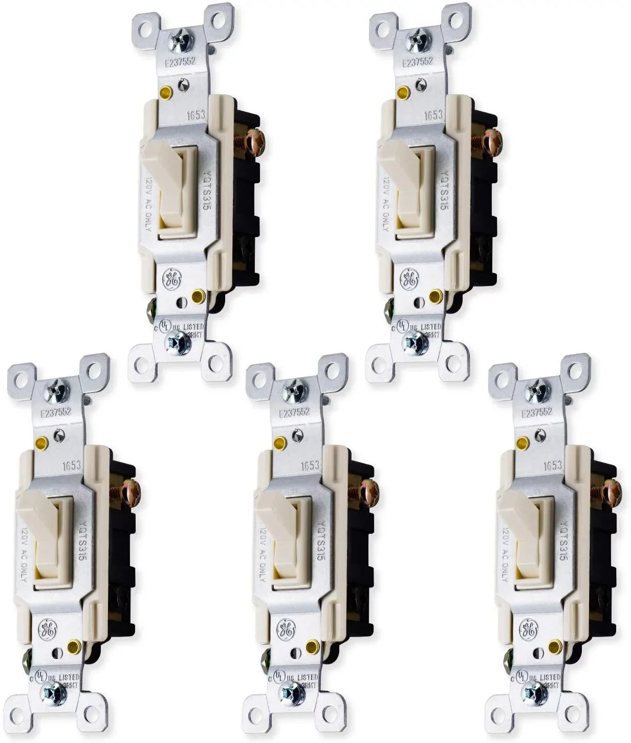 GE Sizewitch, Light Grounding Toggle 5 Pack, 3-Way, 15 Amp, Light Almond, 44032