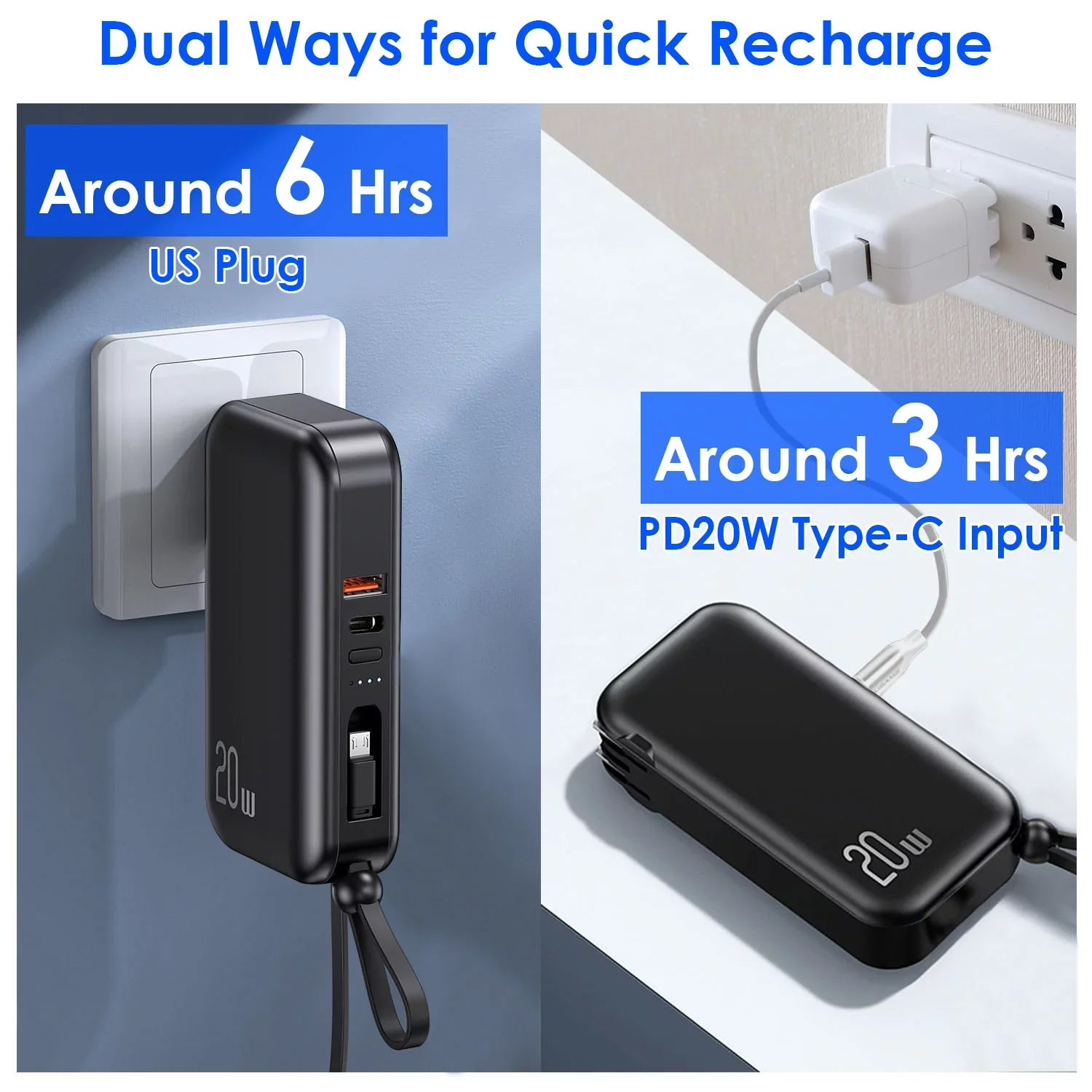 10000mAh iMounTEK Portable Charger 3 Inbuilt CablesType-C/LT/Micro-USizeB PD20W QC18W Fast Charging 5 Outputs External Battery Pack Fit For IOSizePhone 14 Android