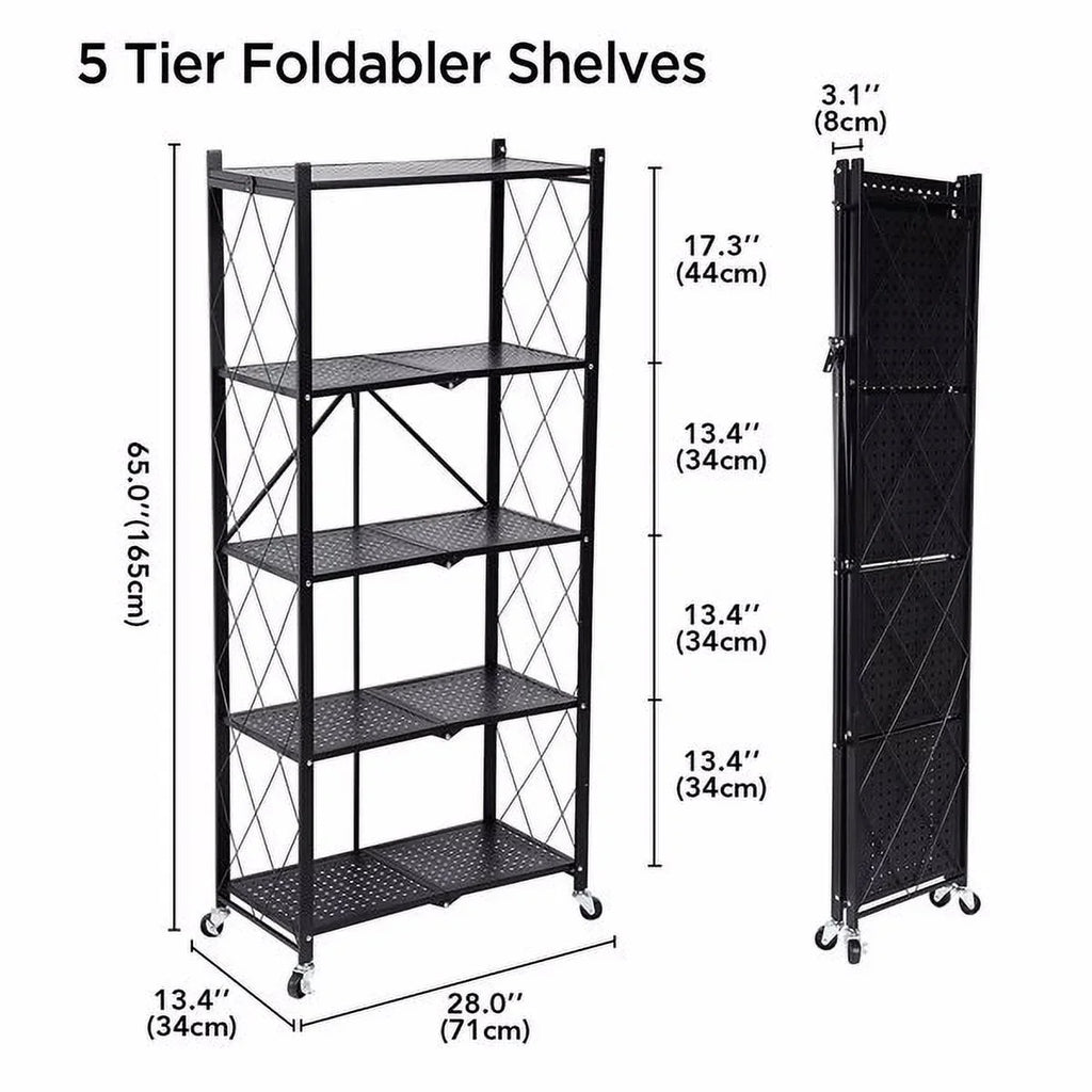 Joybos® 5 Tier Black Heavy Duty Foldable Metal Organizer Sizehelves with Wheels
