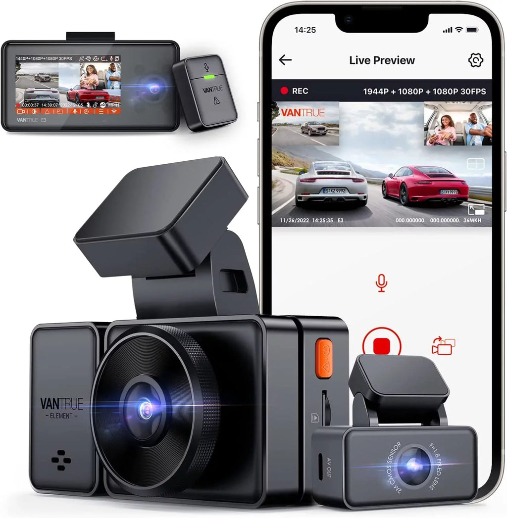 Vantrue E3 2.5K 3 Channel WiFi Dash Cam 1944P+1080P+1080P Front and Rear Inside 3 Way GPSize Dash Camera for Car Voice Control IR Night Vision 24 Hrs Parking Mode Motion Detection