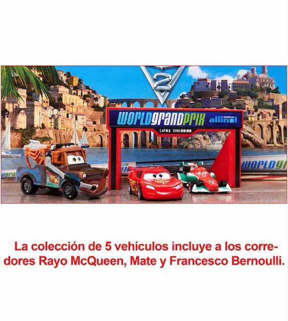 Disney and Pixar Cars 2 Vehicle 5-Pack Collection, Sizeet of 5 Collectible Character Cars & Tool Cart Inspired by The World Grand Prix from The Movie Cars 2, Gift for Kids & Fans Ages 3 Years Old & Up