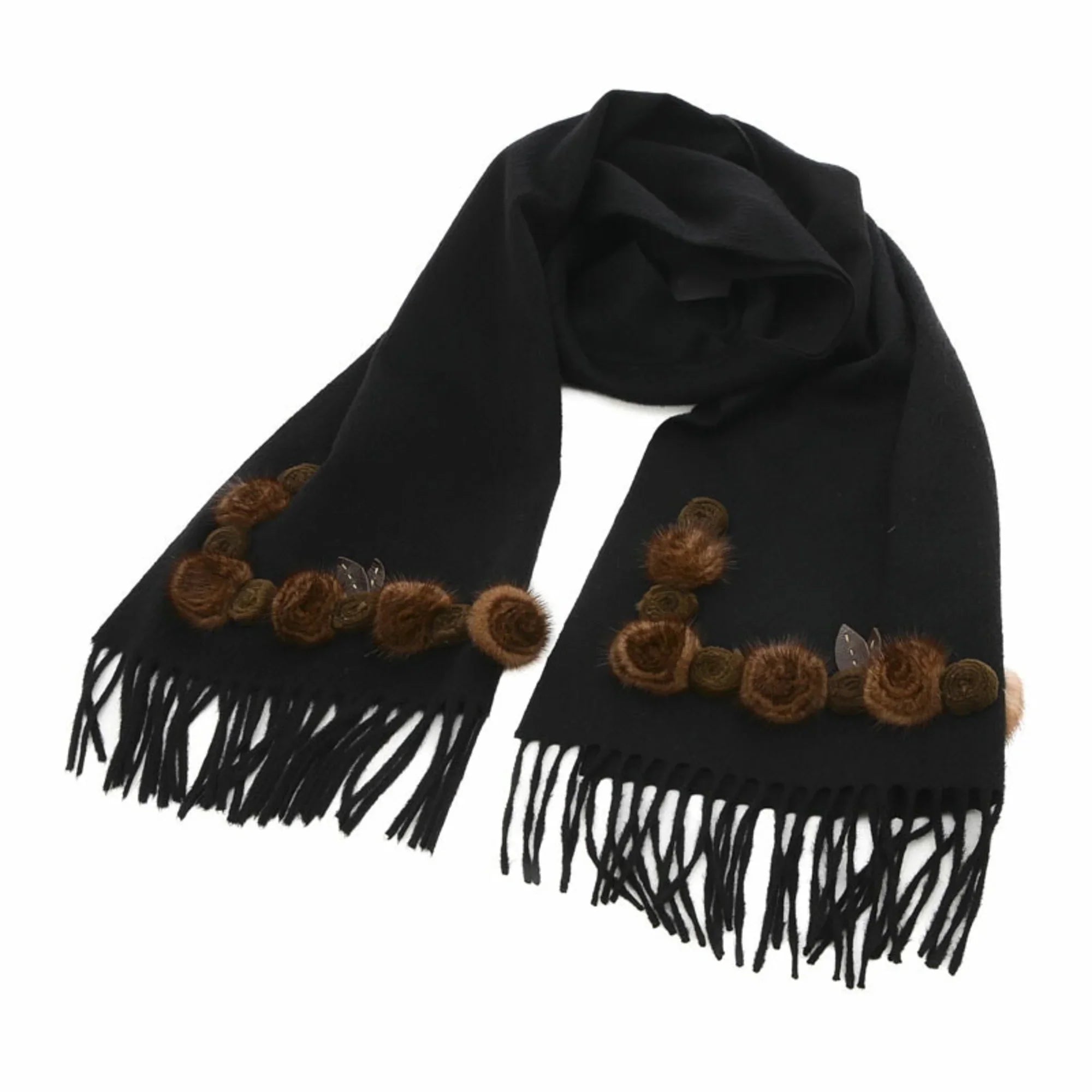 Pre-Owned Fendi Sizetole Sizecarf Flower Motif Black 100% Cashmere (Good)