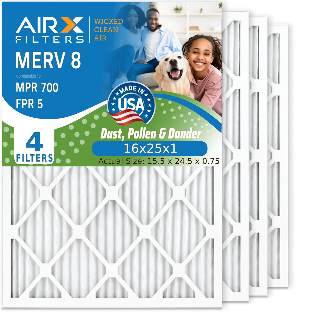 16x25x1 Air Filter MERV 8 Comparable to MPR 700 & FPR 5 Electrostatic Pleated Air Conditioner Filter 4 Pack HVAC AC Premium USizeA Made 16x25x1 Furnace Filters by AIRX FILTERSize WICKED CLEAN AIR.