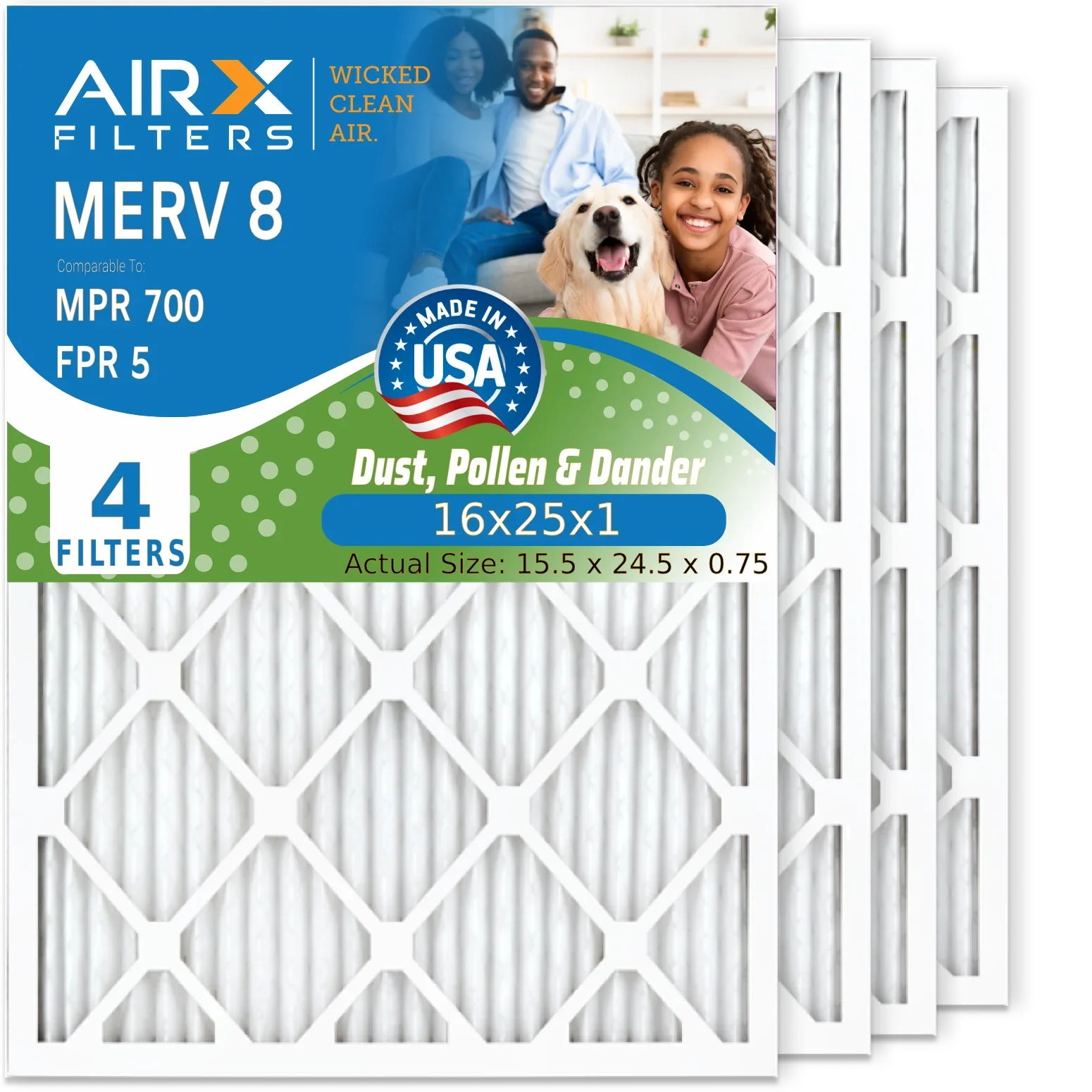 16x25x1 Air Filter MERV 8 Comparable to MPR 700 & FPR 5 Electrostatic Pleated Air Conditioner Filter 4 Pack HVAC AC Premium USizeA Made 16x25x1 Furnace Filters by AIRX FILTERSize WICKED CLEAN AIR.