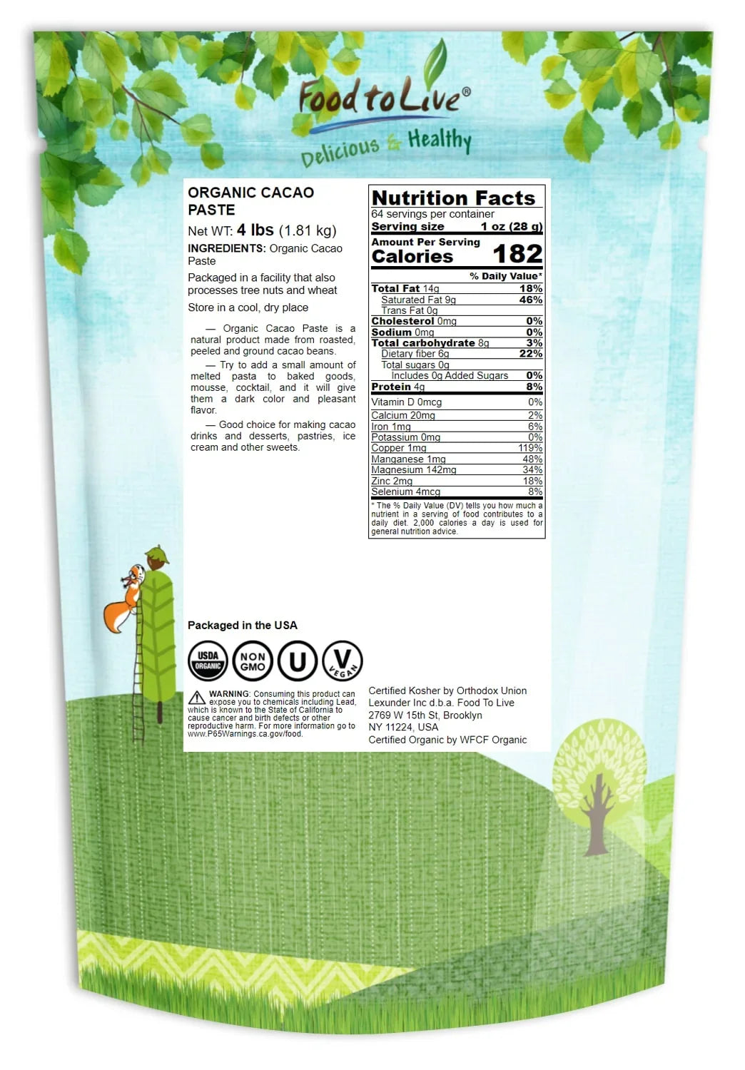 Organic Cacao Paste, 4 Pounds — Non-GMO, Kosher, Raw, Vegan — by Food to Live