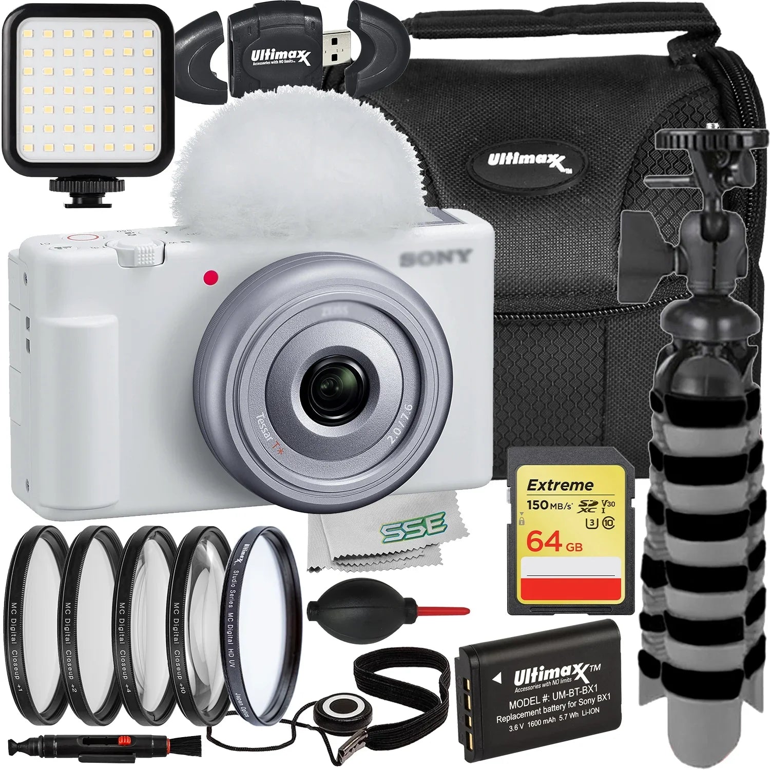Ultimaxx Essential Sizeony ZV-1F Camera Bundle (Ivory) - Includes: 64GB Extreme Memory Card, 4PC Macro Close-Up Filter Kit, Replacement Battery & More (20pc Bundle)