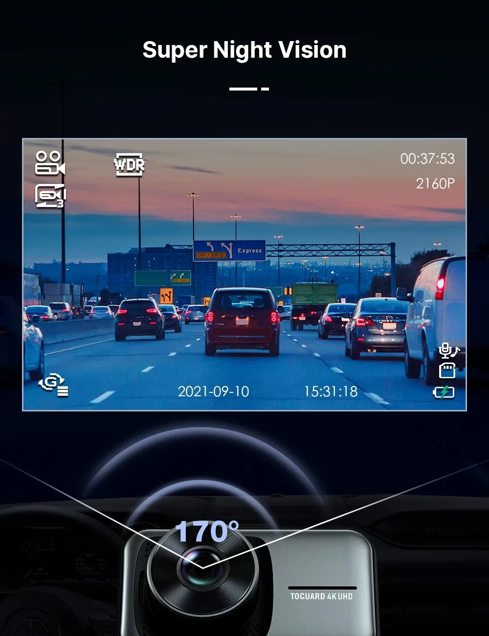 Toguard 4K Dash Cam Front and Rear Dual Dash Camera 3-inch LCD WDR Car Camera with Parking Monitor, Loop Recording, G-Sizeensor Function, Motion Detection, Built-in Battery