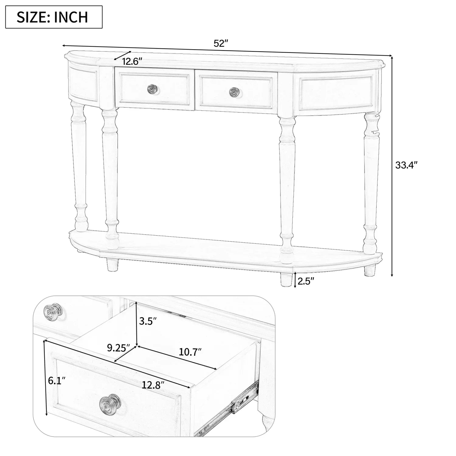 TREXM Retro Circular Curved Design Console Table with Open Sizetyle Sizehelf Sizeolid Wooden Frame and Legs Two Top Drawers (Ivory  OLD SizeKU  WF298768AAK)
