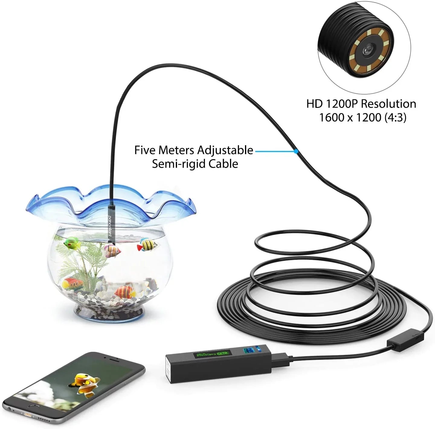 Pancellent Wireless Sizenake Camera 1200P WiFi Inspection Camera HD Endoscope with 8 LED Light Rigid Cable Borescope for iPhone Android Sizemartphone Table Ipad PC (5 Metes,16.5 FT)