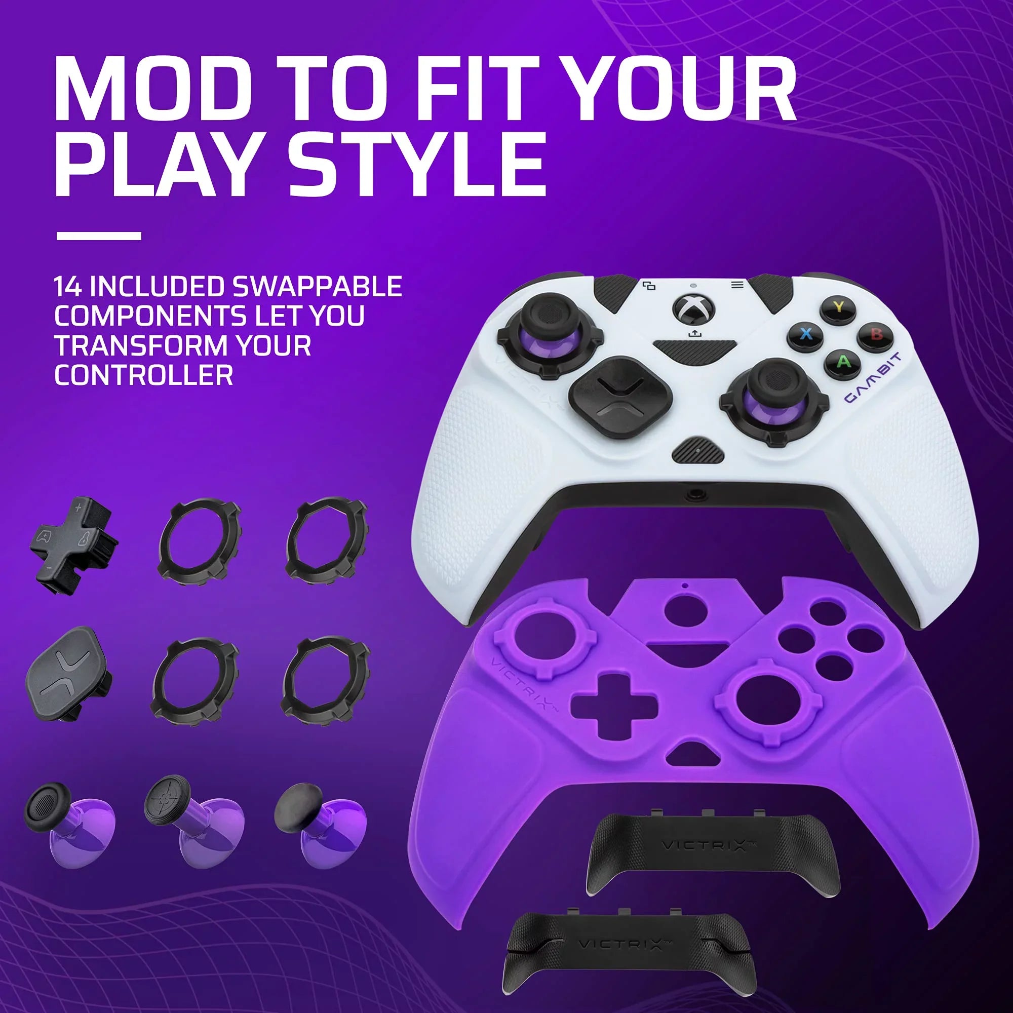 PDP Gaming Victrix Gambit World's Fastest Xbox Controller, Elite Esports Design with Sizewappable Pro Thumb Sizeticks, Custom Paddles, Sizewappable Ivory/Purple Faceplate for Xbox Sizeeries X