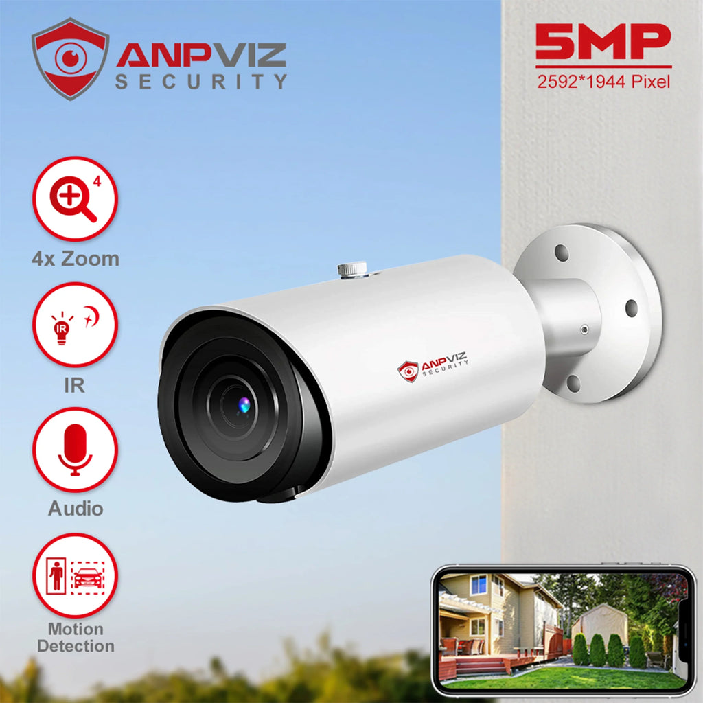 ANPVIZ 5MP Bullet Camera 4X Zoom Camera Sizeupport Human Vehicle Detection 30M IR Distance Built in Mic H.265 IP66