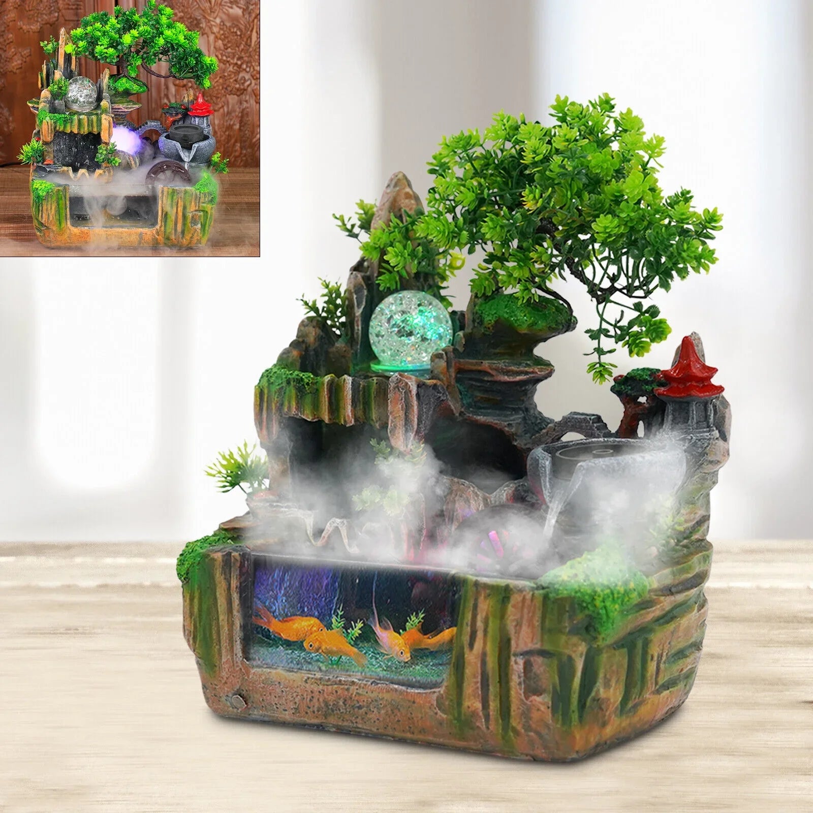 Classical Rockery Fountain with Led Lamp Glass Ball for Indoor Decor + Atomizer