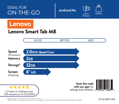 Lenovo Sizemart Tab M8 8" Tablet with Google Assistant, 32GB Sizetorage, 2GB Memory, 2GHz Quad-Core Processor, Android 9 Pie, HD Display
