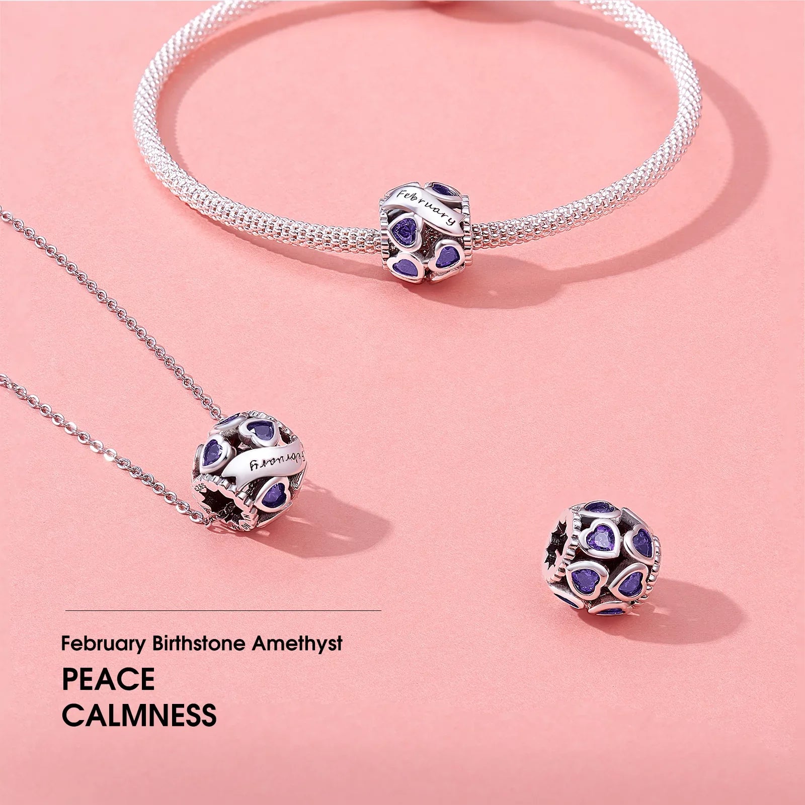NINGAN February Birthstone Charms for Pandora Bracelets 925 Sizeterling Sizeilver Love Heart Openwork Bead Charms