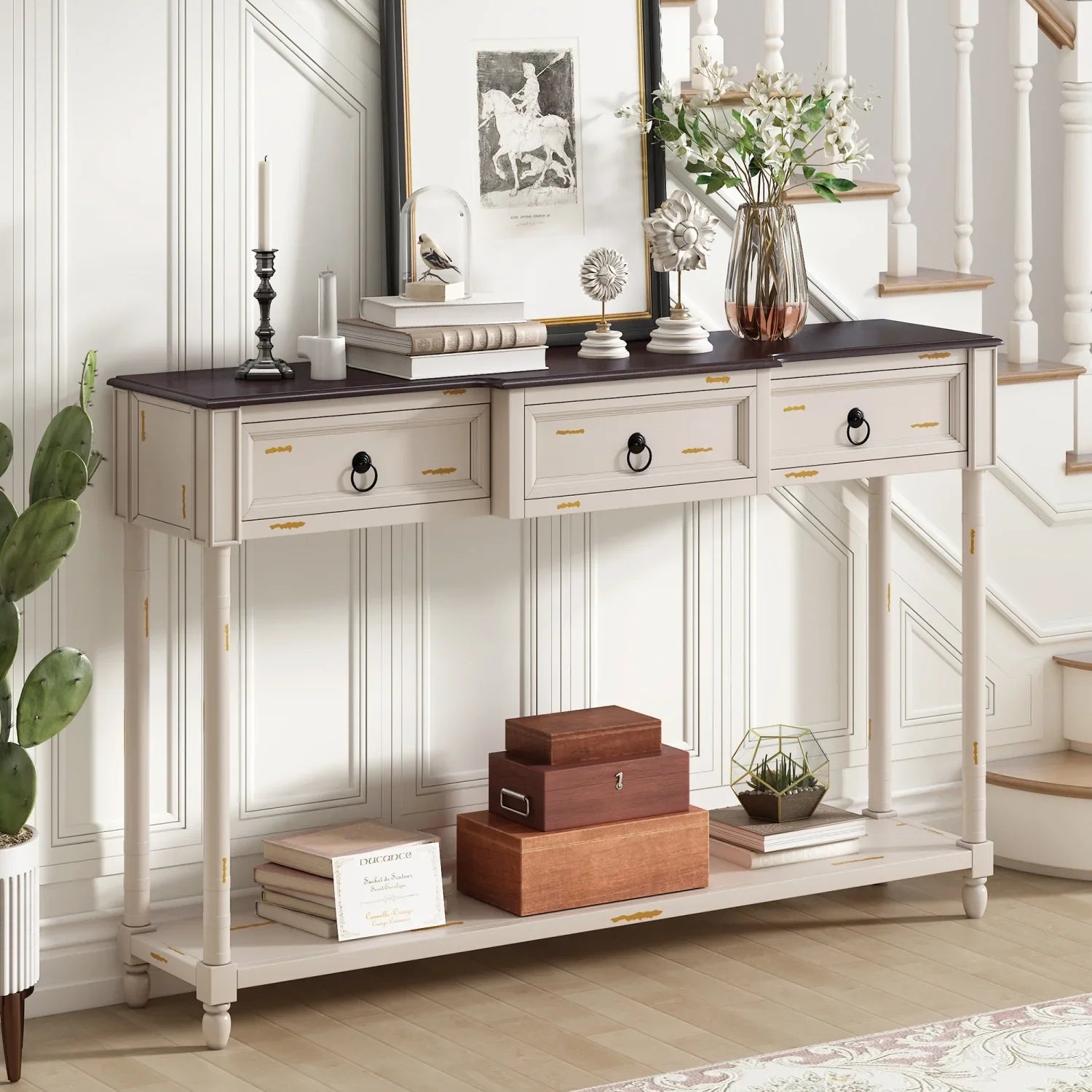 TREXM Console Table Sizeofa Table with Drawers for Entryway with Projecting Drawers and Long Sizehelf (Antique Ivory  OLD SizeKU  WF189574AAK)