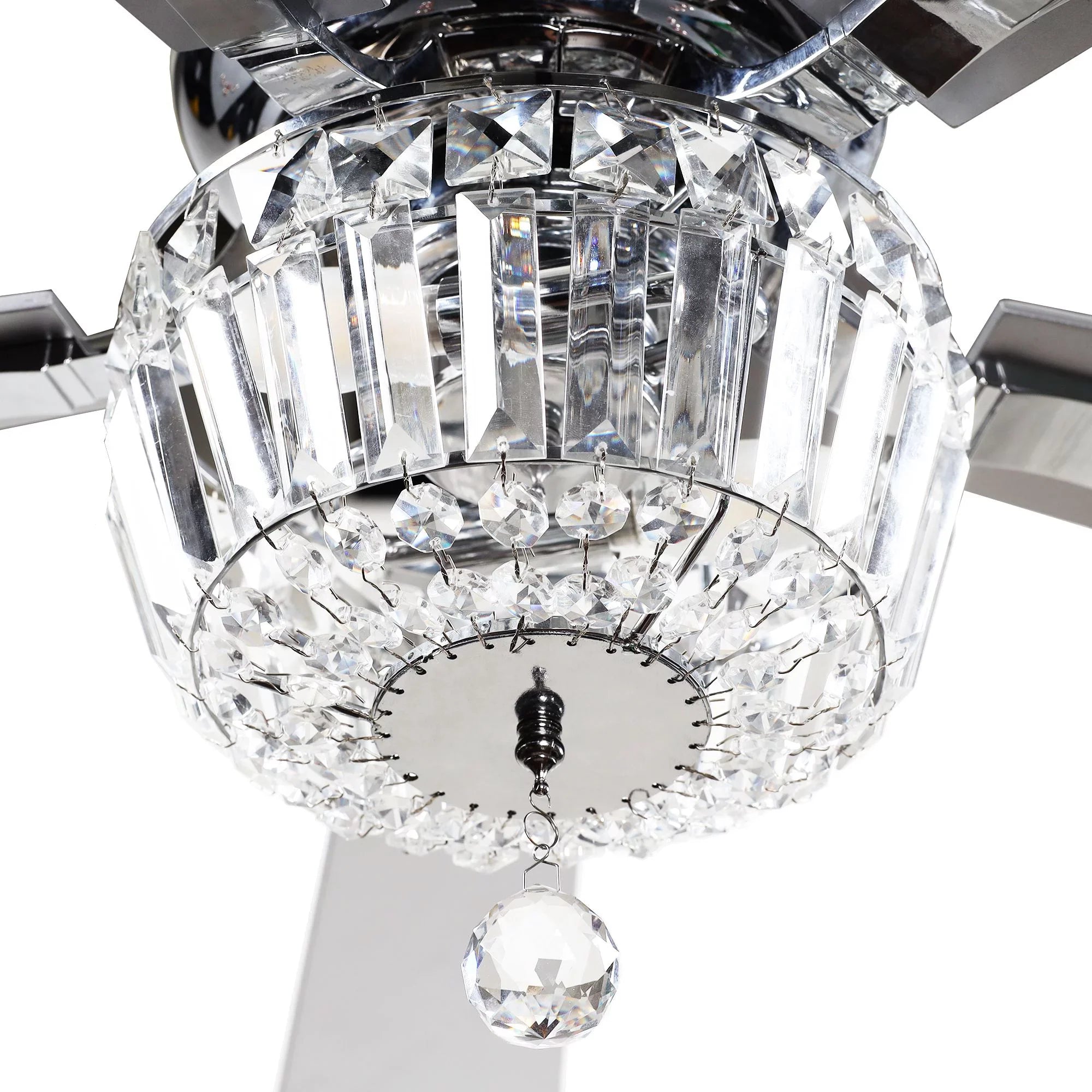 Parrot Uncle Ceiling Fan with Light and Remote Brushed Nickel and Crystal Ceiling Fan 48 Inches Modern Chandelier Ceiling Fan with Reverse 5 Blades, 2 Bulb Not Included