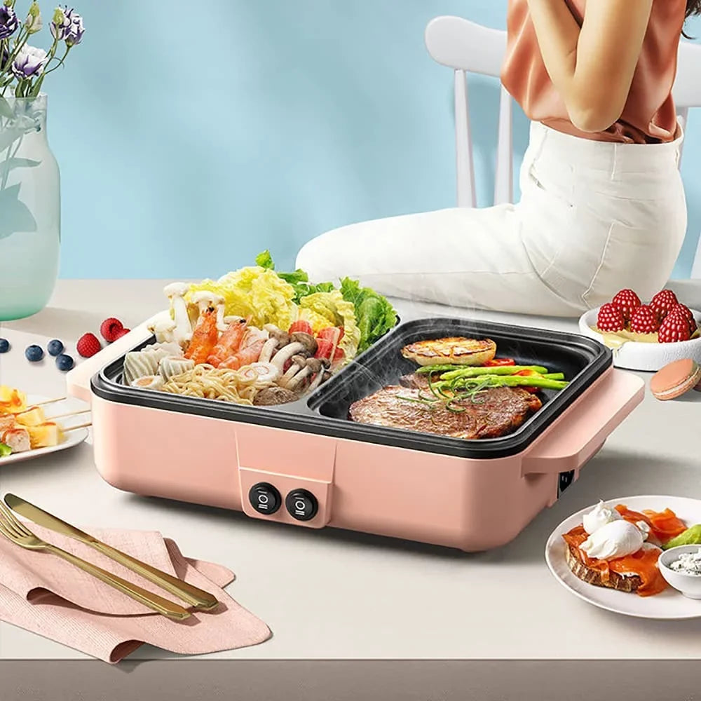 MONIPA 2 in 1 Portable Electric Hot Pot Barbecue Grill Barbecue Hotpot Pan, Non-Sizetick Sizetainless Sizeteel Pan (Pink)