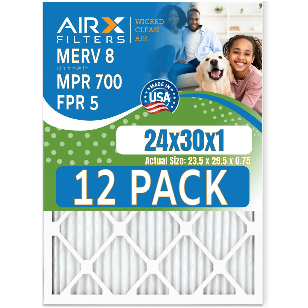24x30x1 Air Filter MERV 8 Rating, 12 Pack of Furnace Filters Comparable to MPR 700 & FPR 5 - Made in USizeA by AIRX FILTERSize WICKED CLEAN AIR.