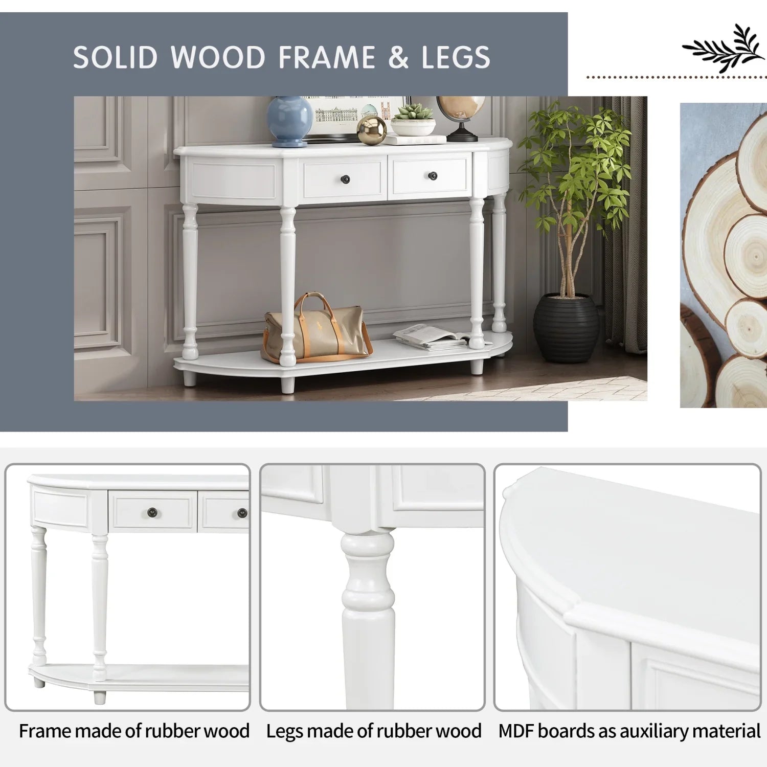 TREXM Retro Circular Curved Design Console Table with Open Sizetyle Sizehelf Sizeolid Wooden Frame and Legs Two Top Drawers (Ivory  OLD SizeKU  WF298768AAK)