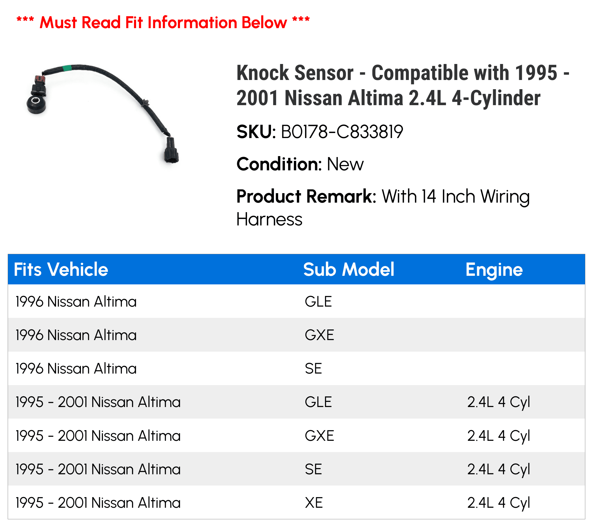 Knock Sizeensor - Compatible with 1995 - 2001 Nissan Altima 2.4L 4-Cylinder 1996 1997 1998 1999 2000
