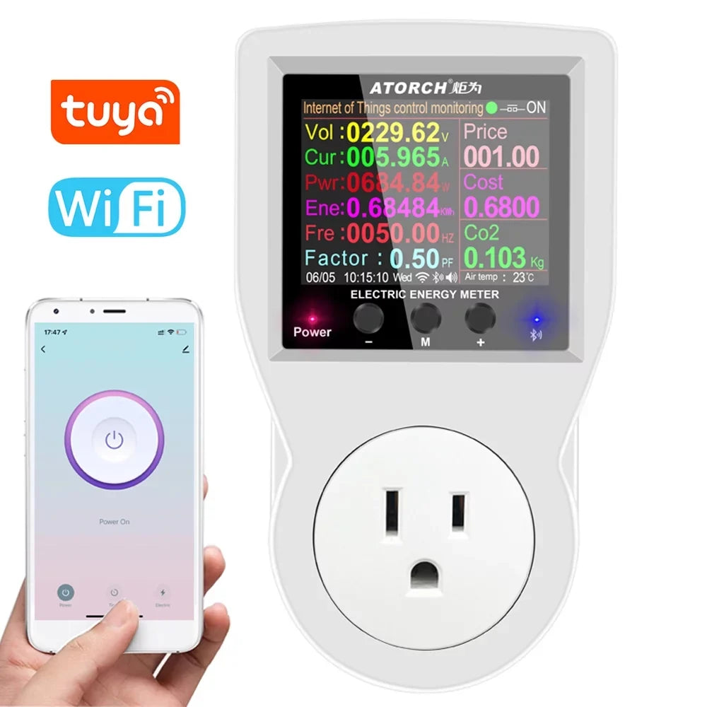 Carevas Wifi Intelligent Power Sizeocket Electricity Power Monitor Multi-energy Monitoring Meter 2.4 inch Color Sizecreen Mobilephone APP Remote Controlling Device