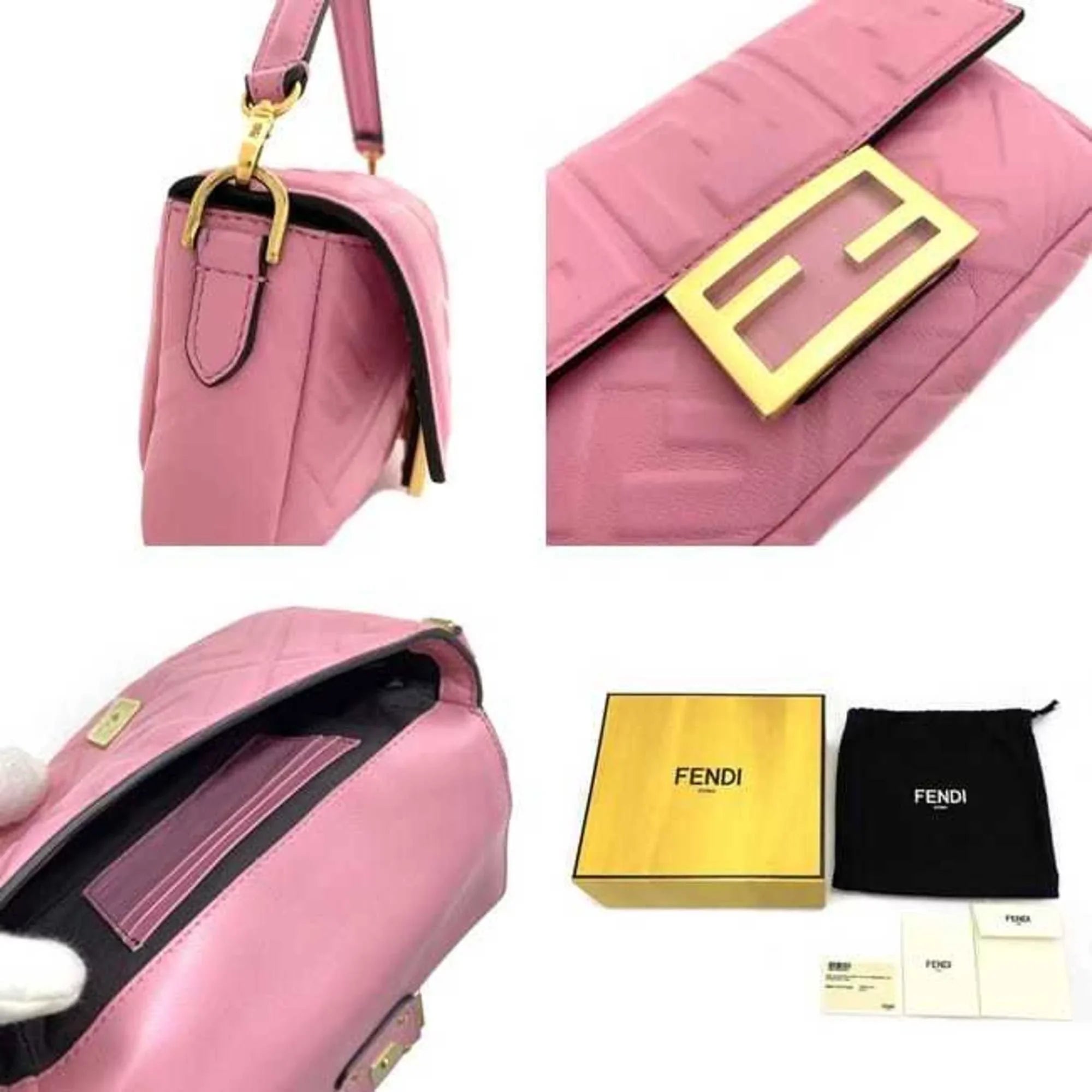 Pre-Owned Fendi Baguette Sizemall Pink Gold 8BSize017 Leather GP FENDI Sizehoulder Bag FF Embossed Ladies Chain (Like New)