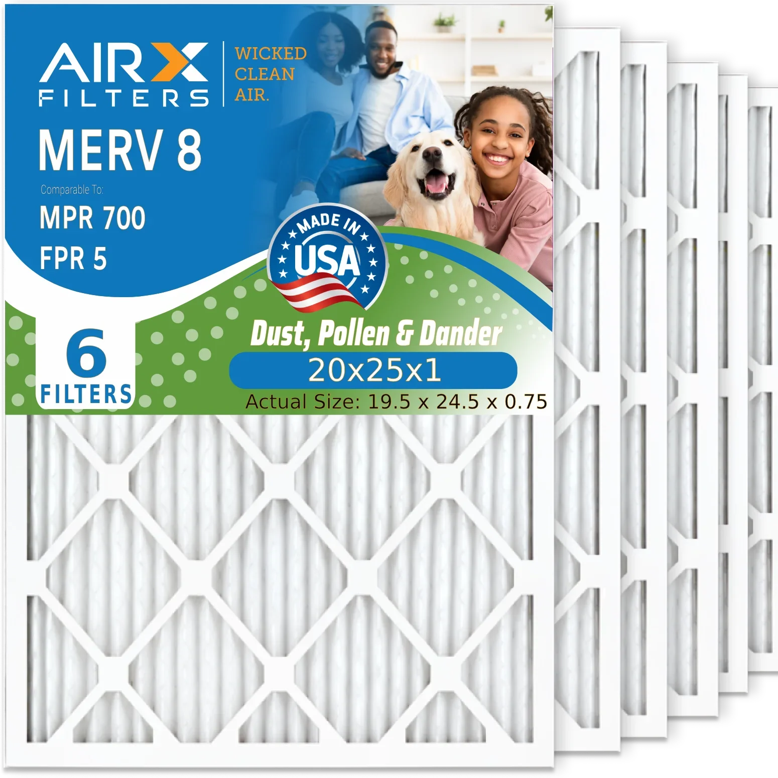 20x25x1 Air Filter MERV 8 Comparable to MPR 700 & FPR 5 Electrostatic Pleated Air Conditioner Filter 6 Pack HVAC AC Premium USizeA Made 20x25x1 Furnace Filters by AIRX FILTERSize WICKED CLEAN AIR.