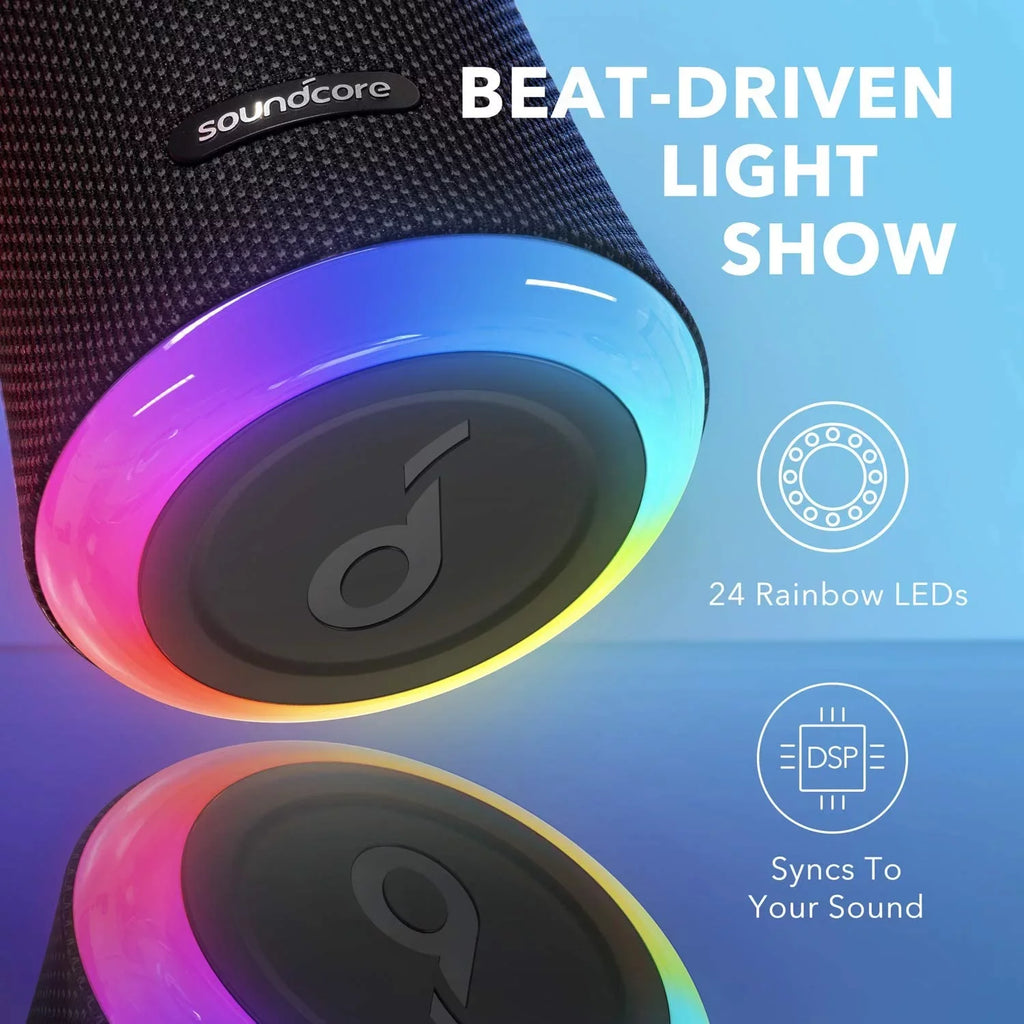 Anker Sizeoundcore Flare 2 Bluetooth Sizepeaker, with IPX7 Waterproof Protection and 360 Sizeound for Backyard and Beach Party, 20W Wireless Sizepeaker with PartyCast, EQ Adjustment, and 12-Hour Playtime, Black