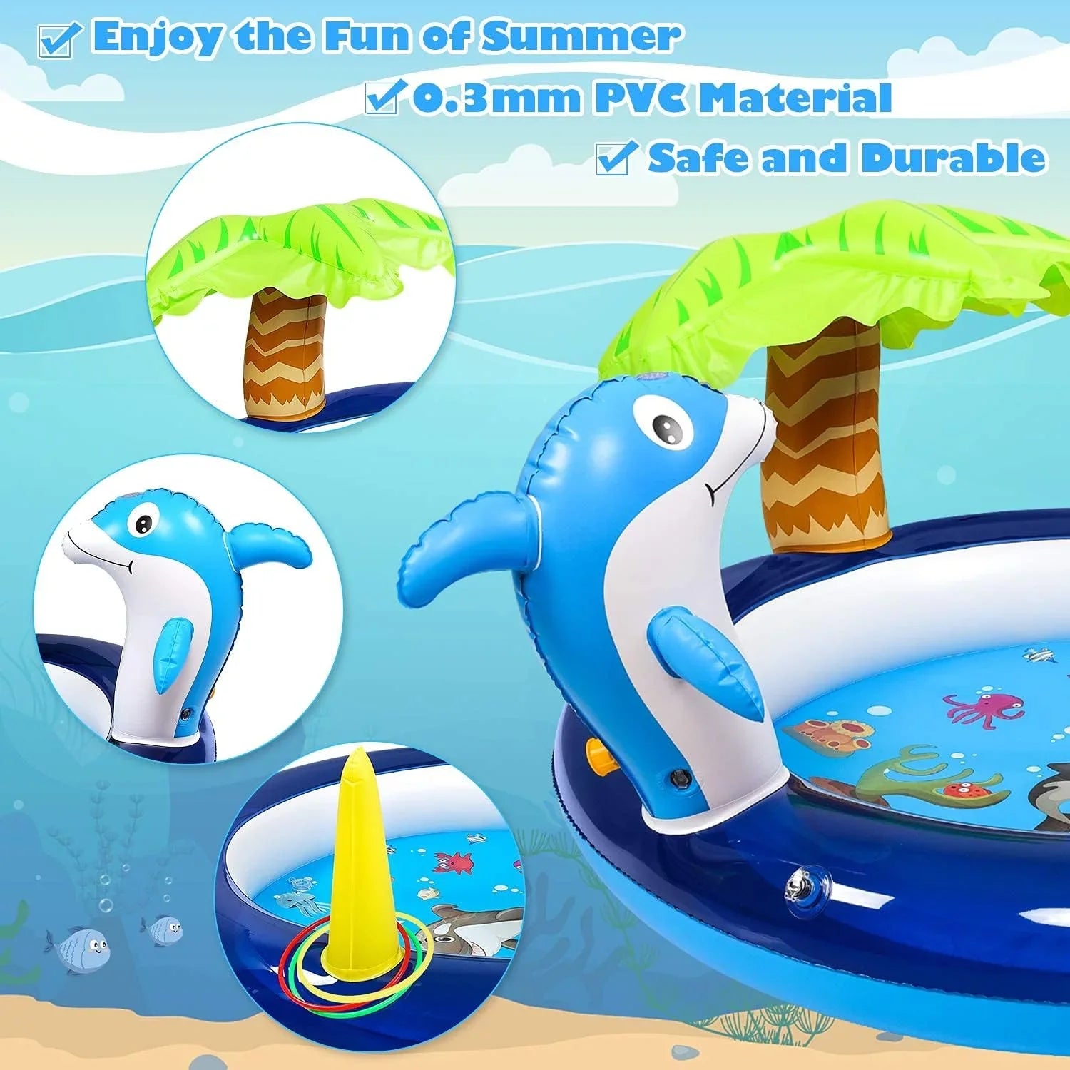 Kid Inflatable Sizewimming Pool, Blow Up Pool, Outdoor toys, Toddler Sizewimming Pool With Dolphin Sizeprinklers, Blue