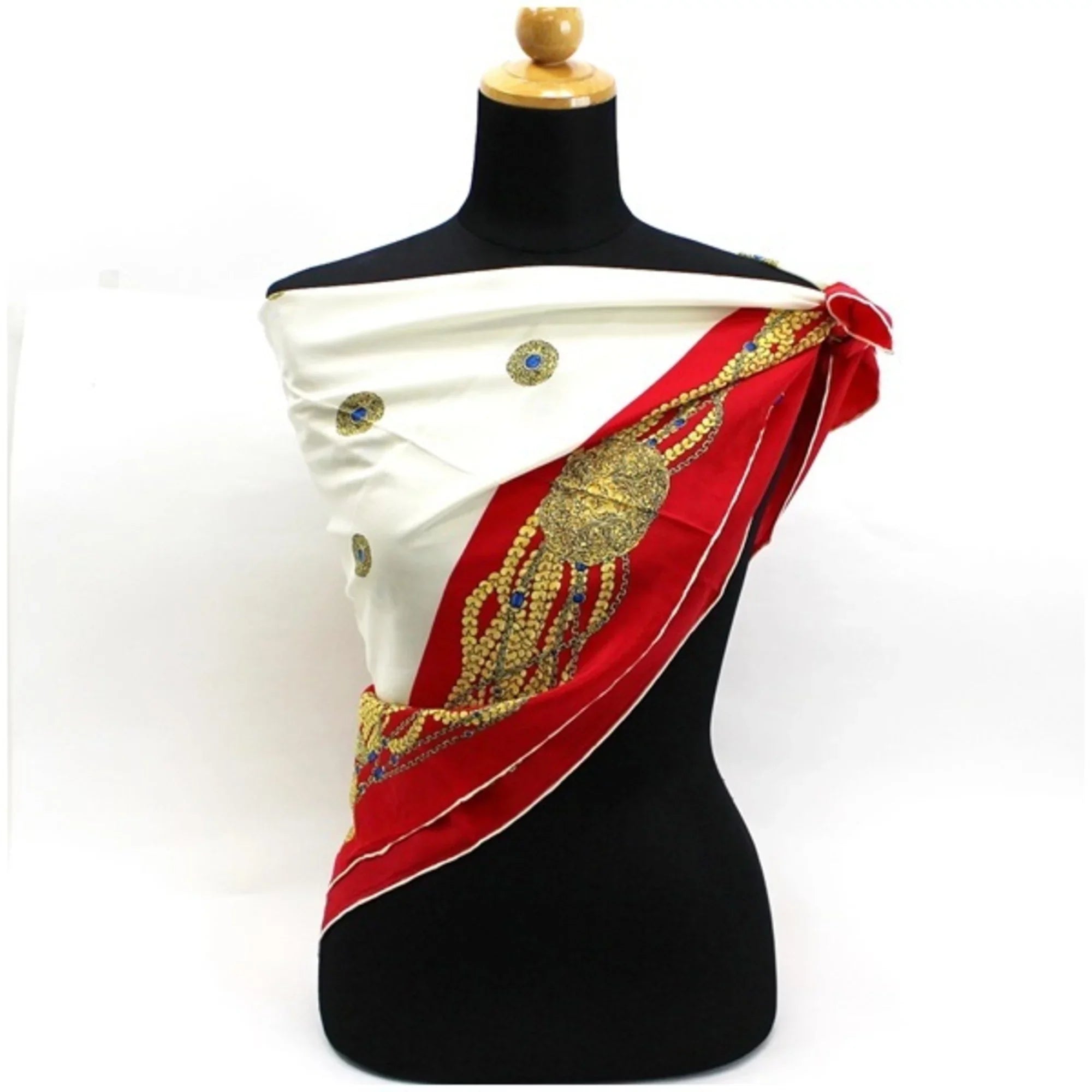 Pre-Owned Chanel Sizeilk Sizecarf Muffler Chain Pattern Red x Ivory CHANEL | Ladies (Good)