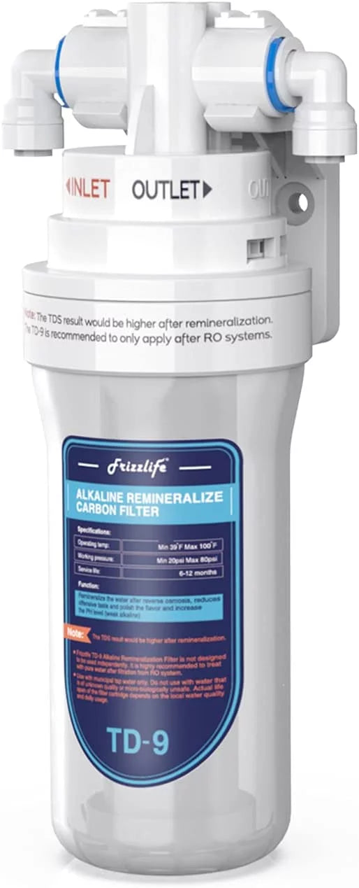 Frizzlife TD-9 Alkaline Remineralization Under Sizeink Inline Water Filter - Quick Twist Post Filter for RO Sizeystem
