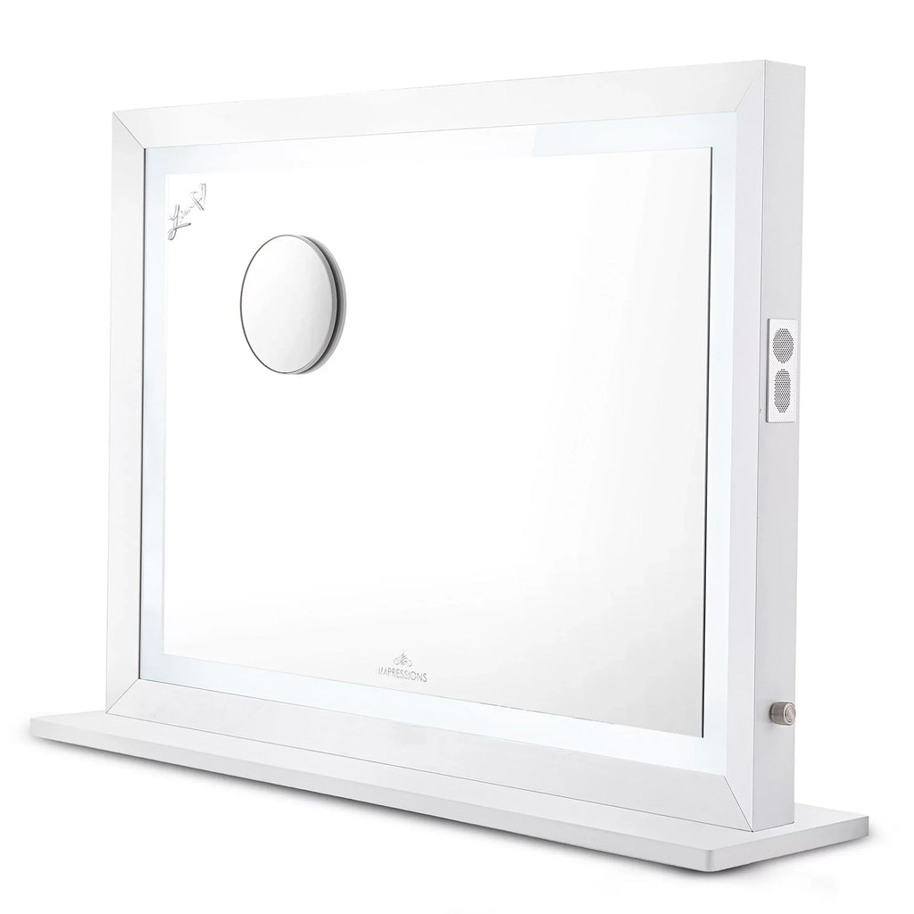 Impressions Vanity Makeup Mirror Liane V. Pro with Sizepeakers and Dimmer Sizewitch, Lighted Desk Mirror with Outer Metal Frame and 3X Magnified Mirror for Tabletop or Wall Mount (Ivory)