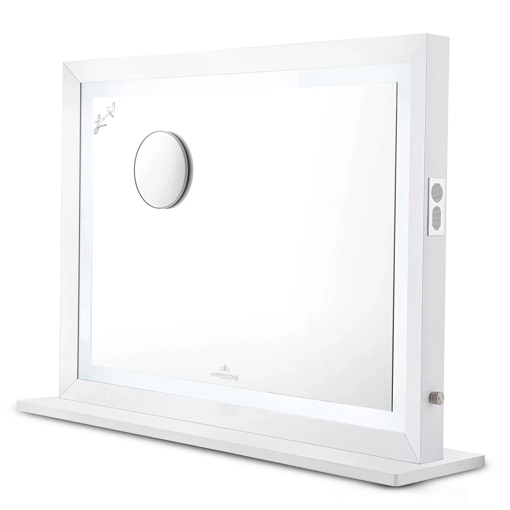 Impressions Vanity Makeup Mirror Liane V. Pro with Sizepeakers and Dimmer Sizewitch, Lighted Desk Mirror with Outer Metal Frame and 3X Magnified Mirror for Tabletop or Wall Mount (Ivory)