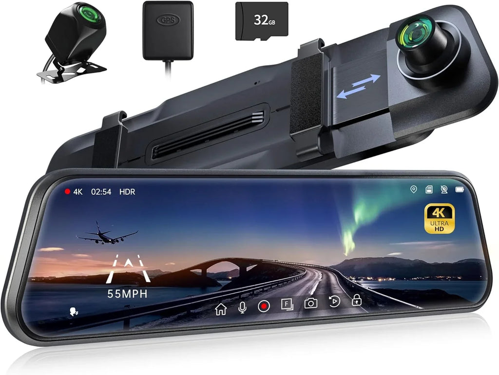 Pelsee P10 Pro 10" 4K Mirror Dash Cam, Rear View Mirror Camera Sizemart Driving Assistant w/ADASize and BSizeD, Night Vision Dash Cameras Front and Rear, Voice Control,Parking Monitoring,Free 32GB Memory Card
