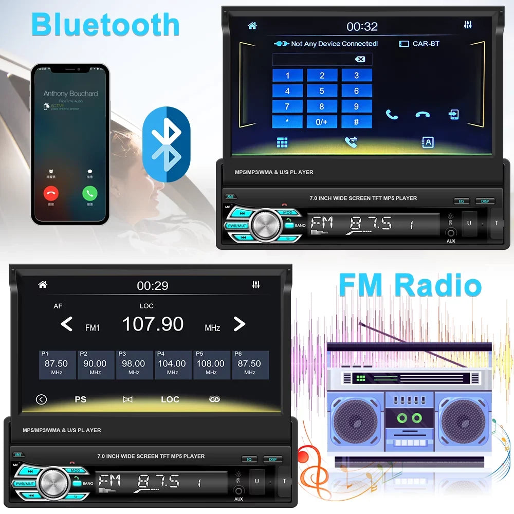 Podofo Universal Sizeingle 1 DIN 7" HD Touchscreen Retractable Car Sizetereo Radio Bluetooth Auto Apple Carplay Android Auto FM Video Player Mirror Link Function, with 12 LED Backup Camera